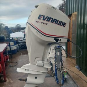 Used 200hp Evinrude Etec – Longshaft, electric start, remote control, PTT.